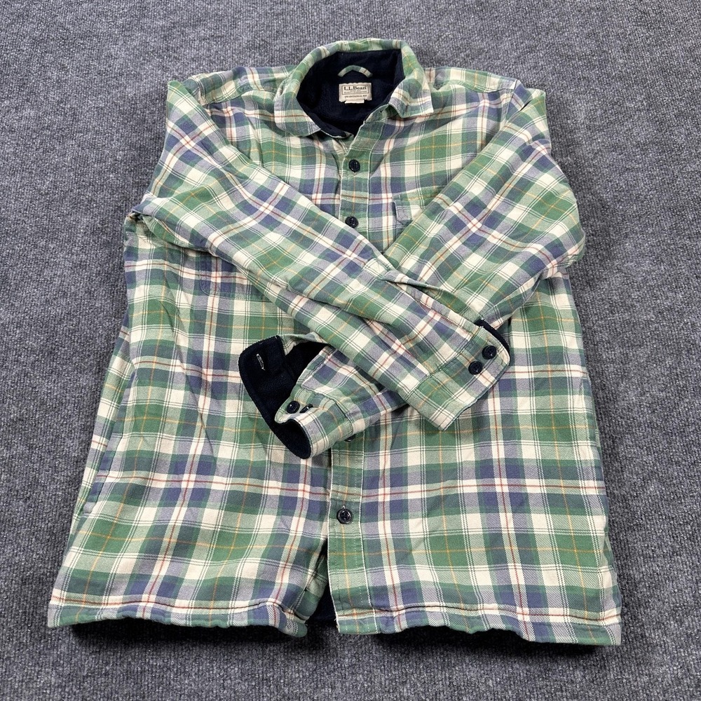 L.L. Bean Flannel Lined Shirt Men Medium Green Plaid Excellent Traditional Fit